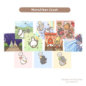 Może przedstawiać: Zestaw ściereczek z mikrofibry z różnymi ilustracjami z kreskówek. Każda ściereczka ma inny wzór, w tym pingwiny i inne postacie. Tekst "Microfiber Cloth" jest wyświetlany u góry. Wzory są losowe.