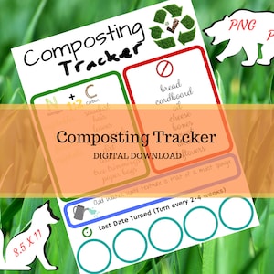 May include: A printable composting tracker with a green and red color scheme. The tracker includes a list of items to compost, a chart for tracking nitrogen and carbon ratios, and a section for recording the last date the compost was turned. The text on the tracker reads "Composting Tracker" and "Digital Download".