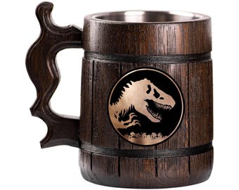 Jurassic World Wooden Beer Mug, Beer Stein, Personalized Tankard, Custom Engraved