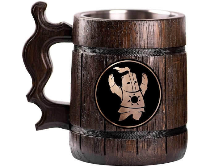 Praise The Sun Knight Wooden Beer Mug, Beer Stein, Personalized Tankard, Custom Engraved