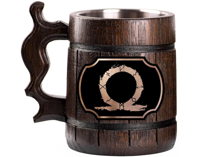 God of War Wooden Beer Mug, Custom Beer Stein, Personalized Tankard