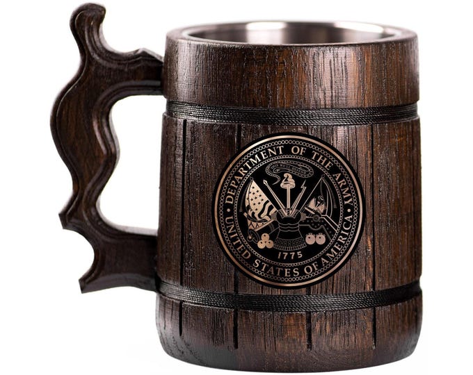 Department of the Army Wooden Beer Mug, USA Military Gift, Engraved Stein, Personalized Tankard