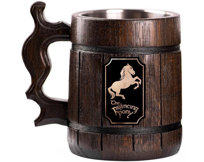 Prancing Pony Wooden Beer Mug – Engraved Tavern Tankard Gift for Fantasy Fans
