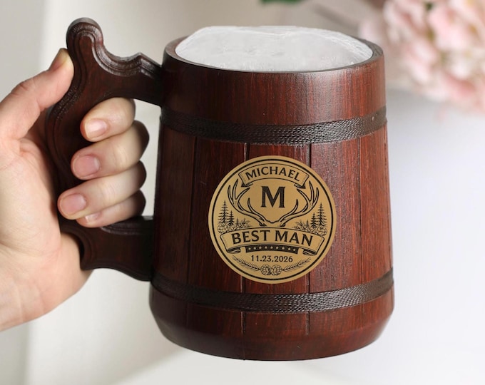 Personalized Wooden Beer Mug 500ml, Groomsmen Gift, Wedding Party Tankard