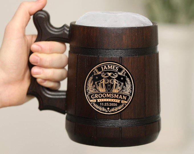 Bachelor Party Wooden Beer Stein with Steel Liner, Engraved Groomsmen Tankard Gift