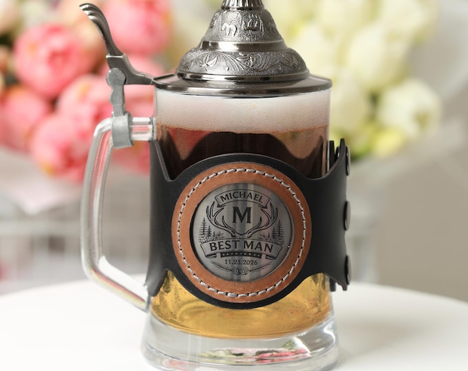 Personalized Glass Beer Mug with Metal Lid, Groomsman & Groom Wedding Gift
