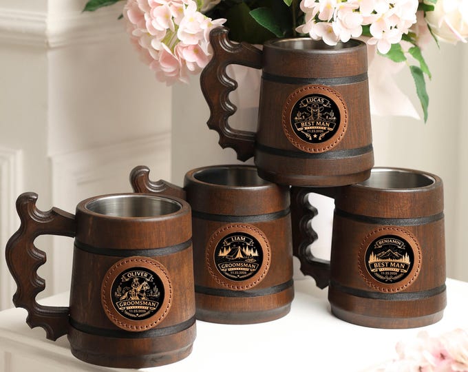 Engraved Oak Beer Mug 500ml, Personalized Wedding Gift for Groom, Best Man, Groomsmen