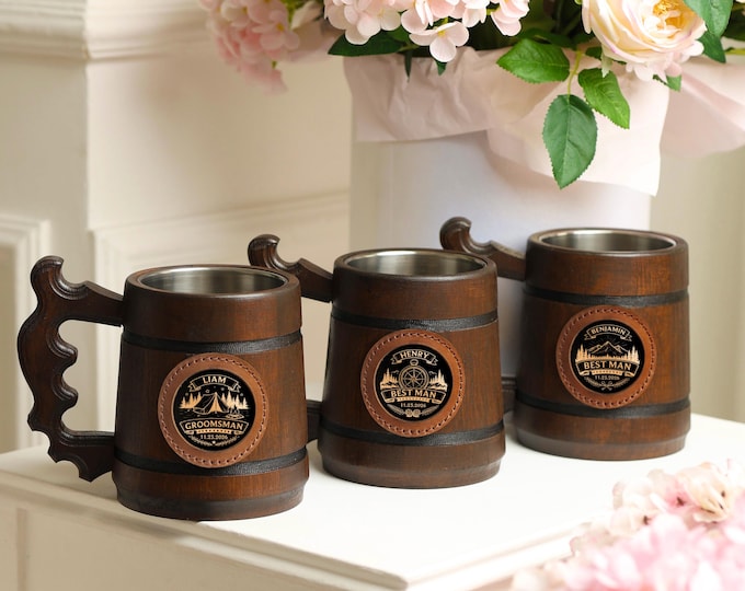 Custom Oak Beer Mug 500ml, Personalized Wooden Stein for Groom & Best Man, Wedding Favor Gift
