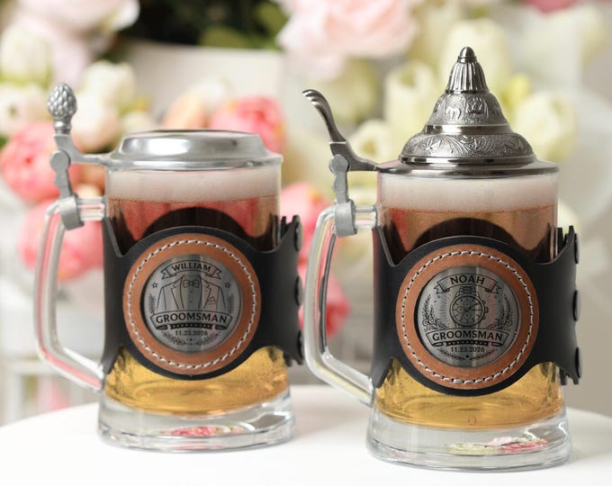 Engraved Wedding Beer Tankard with Lid, Groomsmen & Best Man Personalized Gift
