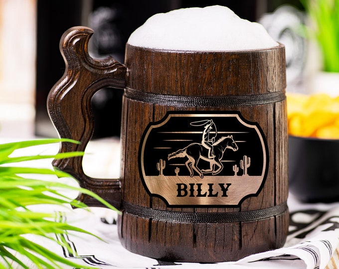 Cowboy Wooden Beer Mug, Beer Stein, Personalized Tankard, Custom Engraved