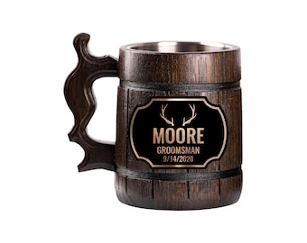 Engraved Wooden Groomsmen Beer Mug with Antler Design – Personalized Rustic Wedding Gift for Him