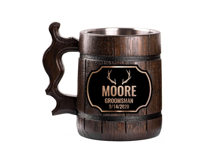 Engraved Wooden Groomsmen Beer Mug with Antler Design – Personalized Rustic Wedding Gift for Him