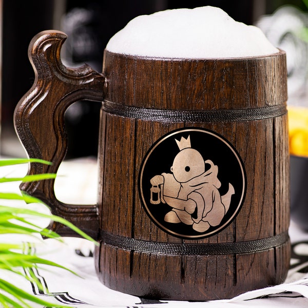 Final Fantasy Tonberry Personalized Beer Mug, Game Engraved Stein, Wooden Geek Tankard, Groomsmen Gift, Custom Gift for Him