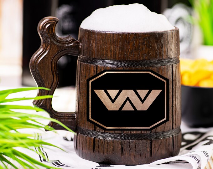 Alien Wooden Beer Mug, Weyland-Yutani Corporation Beer Stein, Personalized Tankard, Custom Engraved