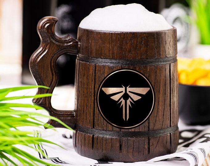 The Last of Us Wooden Beer Mug, Fireflies Beer Stein, Personalized Tankard, Custom Engraved