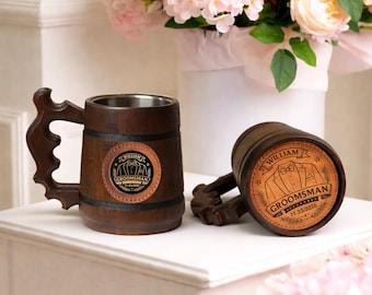 Personalized Groomsman Beer Mug, Handmade Oak Wooden Stein with Stainless Steel Insert, Wedding Gift