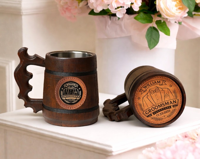 Personalized Groomsman Beer Mug, Handmade Oak Wooden Stein with Stainless Steel Insert, Wedding Gift