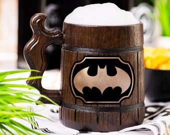 Bat Wooden Beer Mug, Animated Series Beer Stein, Personalized Tankard, Custom Engraved