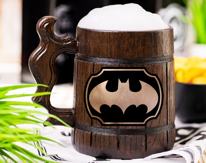 Bat Wooden Beer Mug, Animated Series Beer Stein, Personalized Tankard, Custom Engraved