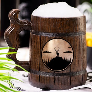 Deer In Sunset Beer Mug, Engraved Beer Tankard, Gift for Him, Hunter Beer Stein
