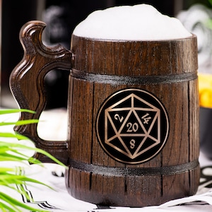 Twenty Sided Dice Mug, Dungeons & Dragons Beer Stein, Personalized DnD Wooden Tankard, Custom DM Gift