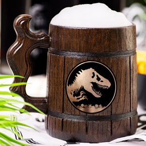 Jurassic World Wooden Beer Mug, Beer Stein, Personalized Tankard, Custom Engraved
