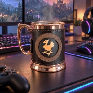 May include: A copper-coloured metal mug featuring a dark leather-like wrap around the exterior. The centre of the wrap displays a circular patch with a gold-toned graphic of a bird-like creature. The mug has a curved handle and a metallic rim.