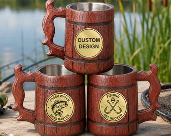 Custom Engraving Mug, Wooden Beer Stein for Fisherman or Hunter, Gift Tankard for Man, Dad or Grandpa