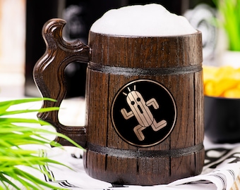 Final Fantasy Wooden Beer Mug, Cactuar Beer Stein, Personalized Tankard, Custom Engraved