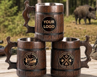 Custom Engraving Mug, Wooden Beer Stein for Fisherman or Hunter, Gift Tankard for Man, Dad or Grandpa