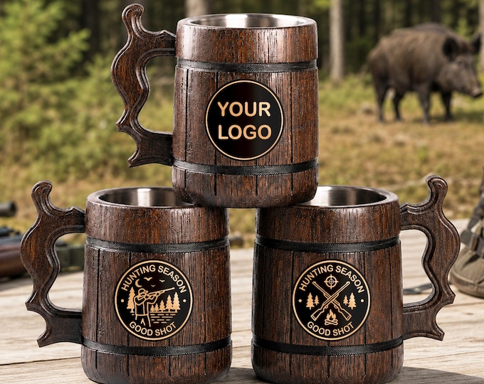 Custom Engraving Mug, Wooden Beer Stein for Fisherman or Hunter, Gift Tankard for Man, Dad or Grandpa