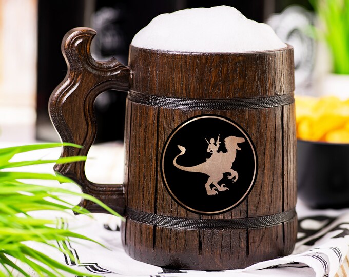 ARK Wooden Beer Mug, Dino Rider Beer Stein, Personalized Tankard, Custom Engraved