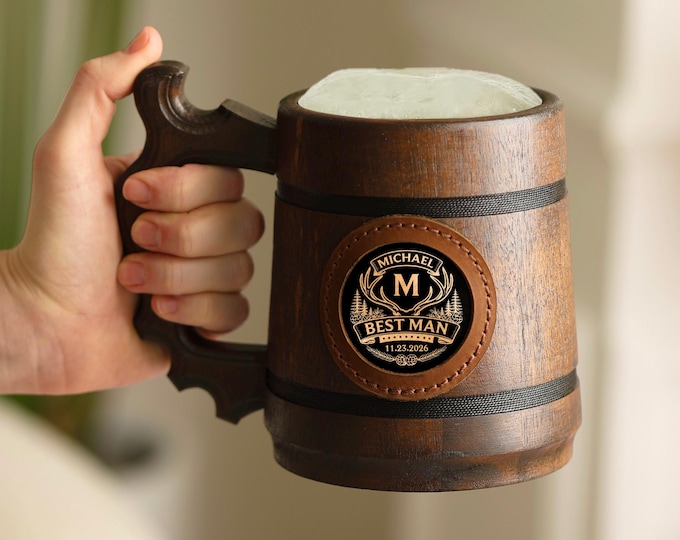 Personalized Oak Beer Mug, Groomsman & Best Man Gift, Wedding Party Favor, Stainless Steel Liner