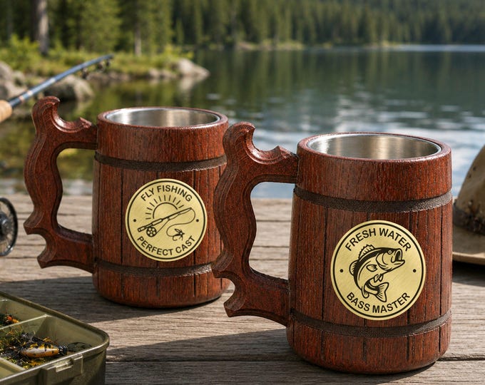 Handmade Hunting and Fishening Beer Stein, Personalized Wooden Tankard, Gift Mug for Husband or Dad