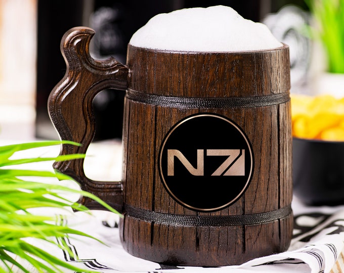 Mass Effect Wooden Beer Mug, N7 Beer Stein, Personalized Tankard, Custom Engraved