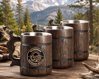 Custom Engraving Mug, Wooden Beer Stein for Fisherman or Hunter, Gift Tankard for Man, Dad or Grandpa