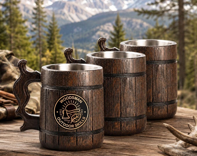 Custom Engraving Mug, Wooden Beer Stein for Fisherman or Hunter, Gift Tankard for Man, Dad or Grandpa