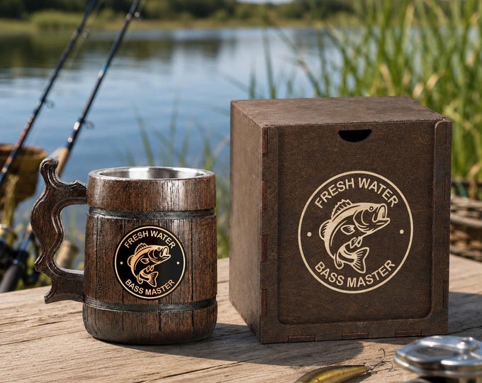 Personalized Wooden Mug, Custom Engraving Beer Stein, Tankard for Fisherman or Hunter, Gift Box