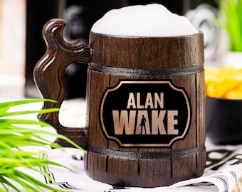 Alan Wake Wooden Beer Mug, Beer Stein, Personalized Tankard, Custom Engraved