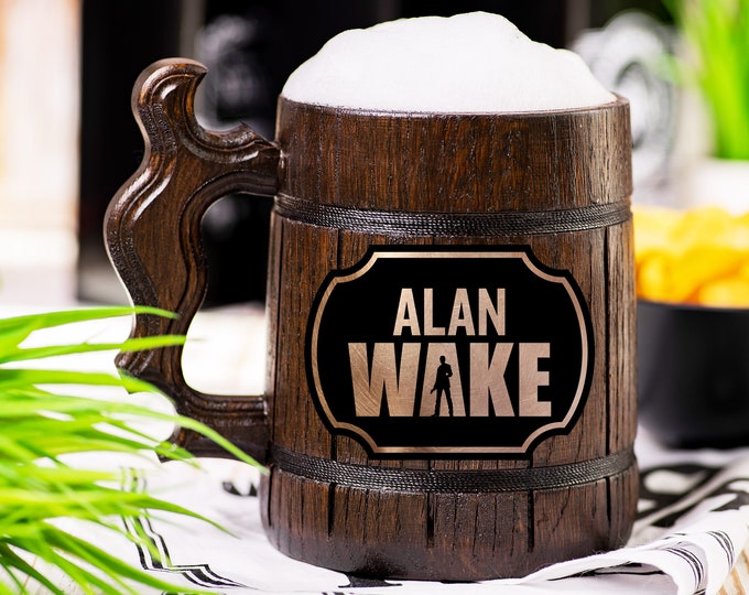 Alan Wake Wooden Beer Mug, Beer Stein, Personalized Tankard, Custom Engraved
