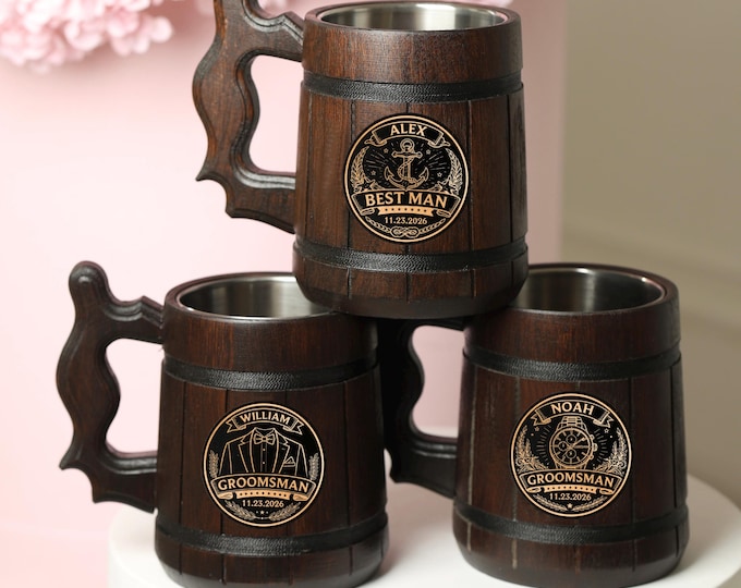 Rustic Oak Beer Mug  with Stainless Insert, Custom Groom Gift, Capacity 500ml