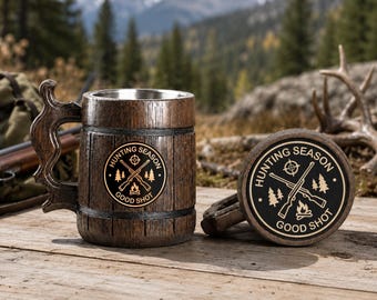Custom Engraving Mug, Wooden Beer Stein for Fisherman or Hunter, Gift Tankard for Man, Dad or Grandpa