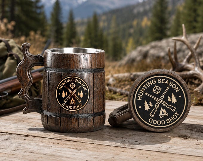 Custom Engraving Mug, Wooden Beer Stein for Fisherman or Hunter, Gift Tankard for Man, Dad or Grandpa
