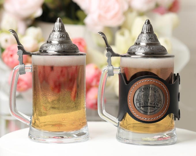 Personalized Wedding Beer Mug, Glass Stein with Lid for Groom, Best Man, Groomsmen