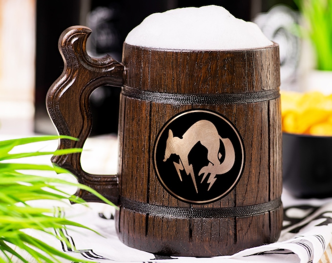 Metal Gear Solid Wooden Beer Mug, FOX Unit Beer Stein, Personalized Tankard, Custom Engraved