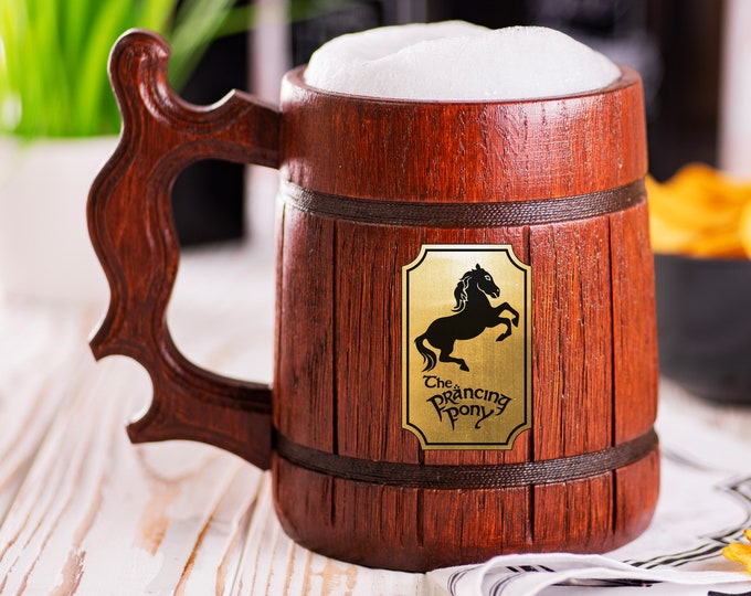 Lord of the Rings Wooden Beer Mug, Prancing Pony Beer Stein, LOTR Personalized Tankard, Custom Engraved