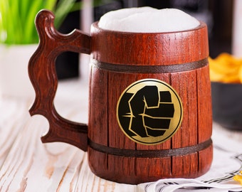 Hulk Wooden Beer Mug, Marvel Beer Stein, Personalized Tankard, Custom Engraved