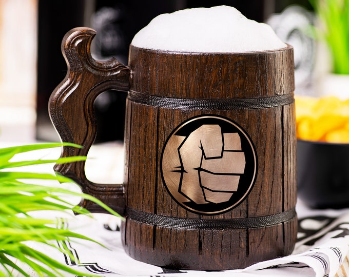 Hulk Wooden Wooden Beer Mug, Marvel Beer Stein, Personalized Tankard, Custom Engraved