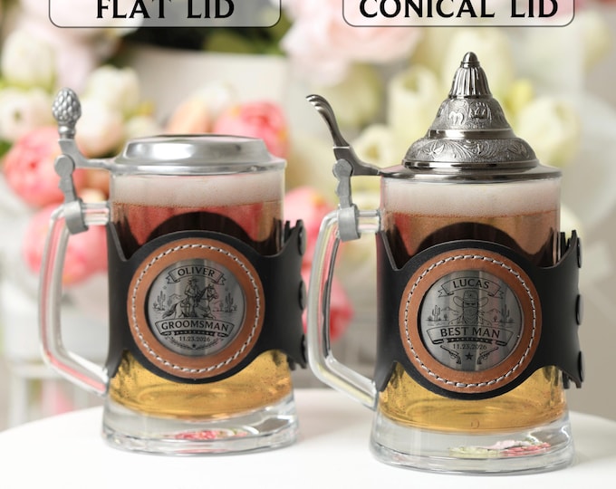 Groom & Groomsman Keepsake Glass Beer Tankard with Metal Pewter Lid