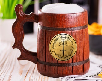 Lord of the Rings Wooden Beer Mug, One Ring With Tree Beer Stein, LOTR Personalized Tankard, Custom Engraved